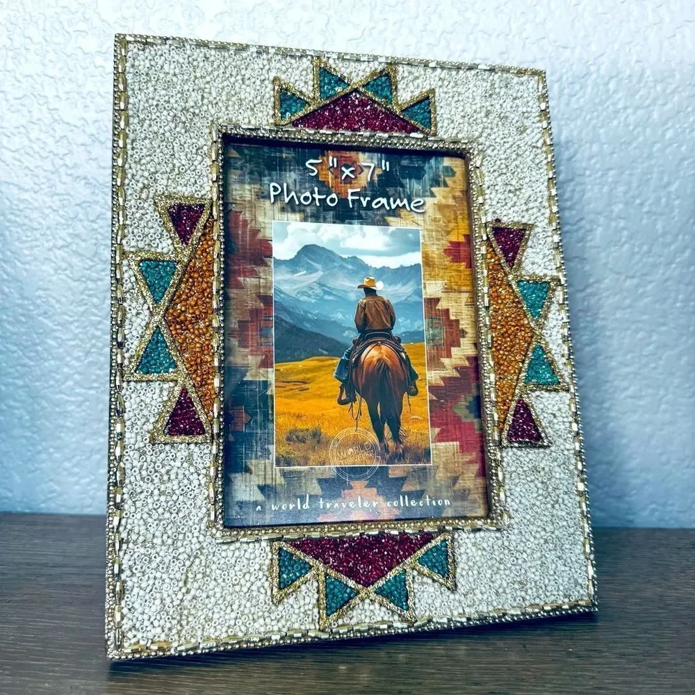 Southwest Western Aztec Tribal Beaded Blue Picture Frame